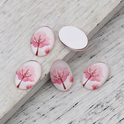 Image de Cabochon Dôme en Verre Ovale Dos Plat Rose Arbres 18mm x 13mm, 30 Pcs