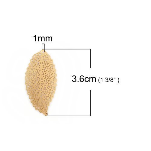 合金 ペンダント 葉 KC金メッキ 透かしパーツ 36mm x 17mm、 10 個 の画像