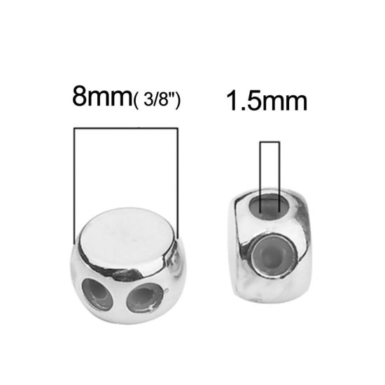 真鍮 スライドビーズ 円形 シルバートーン 調整可能なシリコンコア付き 8mm 直径、 穴: 1.5mm、 3 個 の画像