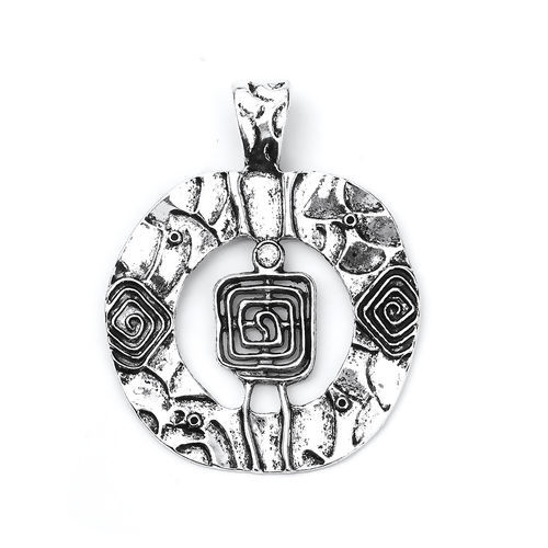 Picture of Zinc Based Alloy Boho Chic Pendants Round Antique Silver Color Rhombus (Can Hold ss5 Pointed Back Rhinestone and 4.2mm Flatback Rhinestone) 71mm(2 6/8") x 56mm(2 2/8"), 3 PCs