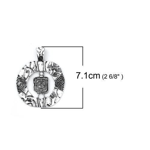 Picture of Zinc Based Alloy Boho Chic Pendants Round Antique Silver Color Rhombus (Can Hold ss5 Pointed Back Rhinestone and 4.2mm Flatback Rhinestone) 71mm(2 6/8") x 56mm(2 2/8"), 3 PCs
