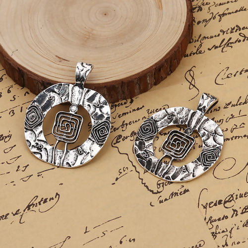 Picture of Zinc Based Alloy Boho Chic Pendants Round Antique Silver Color Rhombus (Can Hold ss5 Pointed Back Rhinestone and 4.2mm Flatback Rhinestone) 71mm(2 6/8") x 56mm(2 2/8"), 3 PCs