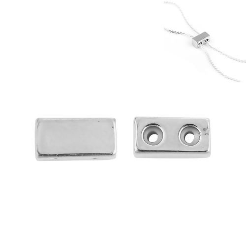 真鍮 スライドビーズ 長方形 シルバートーン 調整可能なシリコンコア付き 8mm x 4mm、 穴: 1.5mm、 10 個 の画像
