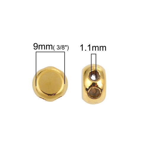 真鍮 スライドビーズ 円形 金メッキ 調整可能なシリコンコア付き 9mm 直径、 穴: 1.1mm、 3 個 の画像