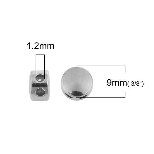 真鍮 スライドビーズ 円形 シルバートーン 調整可能なシリコンコア付き 9mm 直径、 穴: 1.2mm、 3 個 の画像