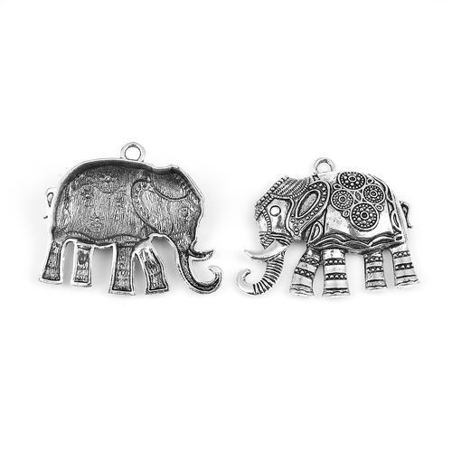Picture of Zinc Based Alloy Pendants Elephant Animal Antique Silver Color (Can Hold ss5 Pointed Back Rhinestone) 59mm(2 3/8") x 48mm(1 7/8"), 5 PCs