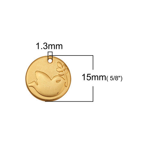 亜鉛合金 チャーム 円形 マットゴールド 鳥　 15mm直径、 10 個 の画像