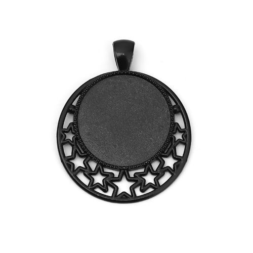 亜鉛合金 ペンダント 円形 黒 五芒星彫刻 台座付 ( 25mmに合う) 44mm x 36mm、 10 個 の画像