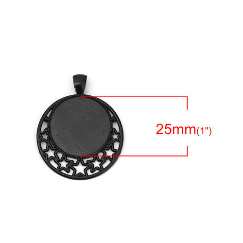亜鉛合金 ペンダント 円形 黒 五芒星彫刻 台座付 ( 25mmに合う) 44mm x 36mm、 10 個 の画像