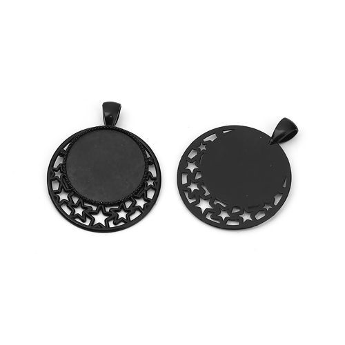 亜鉛合金 ペンダント 円形 黒 五芒星彫刻 台座付 ( 25mmに合う) 44mm x 36mm、 10 個 の画像