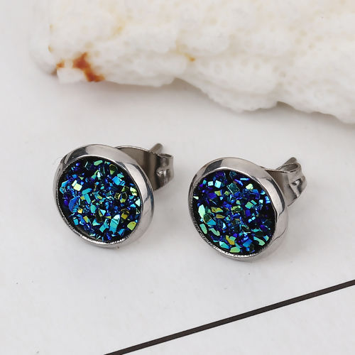 Immagine di 304 Acciaio Inossidabile Druzy/ Drusy Orecchini a Perno Tono Argento Blu Tondo AB Colore 10mm Dia., Posta / Filo Dimensione: (19 misura), 2 Paia”