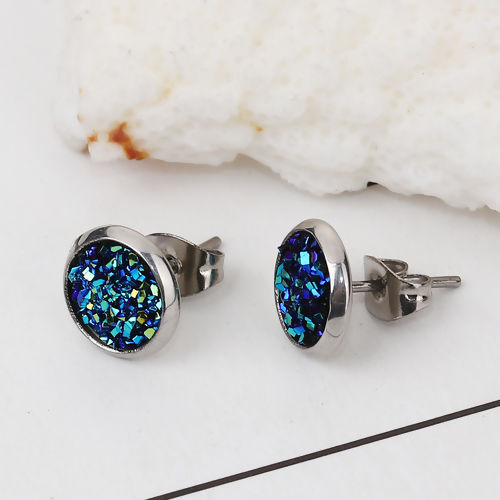 Immagine di 304 Acciaio Inossidabile Druzy/ Drusy Orecchini a Perno Tono Argento Blu Tondo AB Colore 10mm Dia., Posta / Filo Dimensione: (19 misura), 2 Paia”
