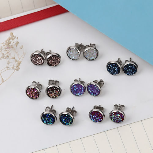 Immagine di 304 Acciaio Inossidabile Druzy/ Drusy Orecchini a Perno Tono Argento Blu Tondo AB Colore 10mm Dia., Posta / Filo Dimensione: (19 misura), 2 Paia”