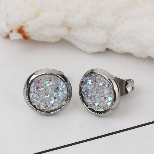 Immagine di 304 Acciaio Inossidabile Druzy/ Drusy Orecchini a Perno Tono Argento Bianco Tondo AB Colore 10mm Dia., Posta / Filo Dimensione: (19 misura), 2 Paia”