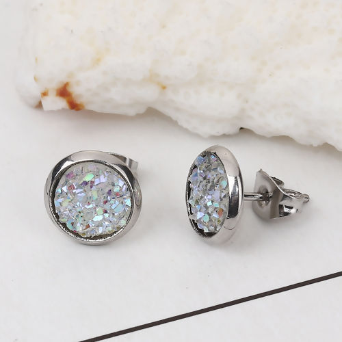 Immagine di 304 Acciaio Inossidabile Druzy/ Drusy Orecchini a Perno Tono Argento Bianco Tondo AB Colore 10mm Dia., Posta / Filo Dimensione: (19 misura), 2 Paia”