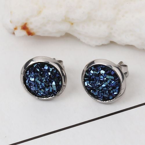 Immagine di 304 Acciaio Inossidabile Druzy/ Drusy Orecchini a Perno Tono Argento Blu Scuro Tondo AB Colore 10mm Dia., Posta / Filo Dimensione: (19 misura), 2 Paia”