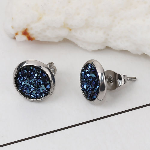 Immagine di 304 Acciaio Inossidabile Druzy/ Drusy Orecchini a Perno Tono Argento Blu Scuro Tondo AB Colore 10mm Dia., Posta / Filo Dimensione: (19 misura), 2 Paia”