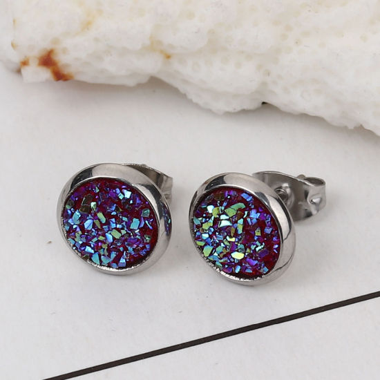 Immagine di 304 Acciaio Inossidabile Druzy/ Drusy Orecchini a Perno Tono Argento Blu Scuro Tondo AB Colore 10mm Dia., Posta / Filo Dimensione: (19 misura), 2 Paia”