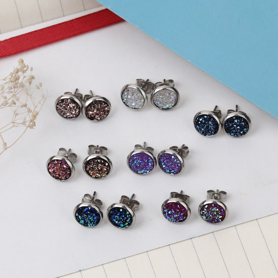 Immagine di 304 Acciaio Inossidabile Druzy/ Drusy Orecchini a Perno Tono Argento Blu Scuro Tondo AB Colore 10mm Dia., Posta / Filo Dimensione: (19 misura), 2 Paia”