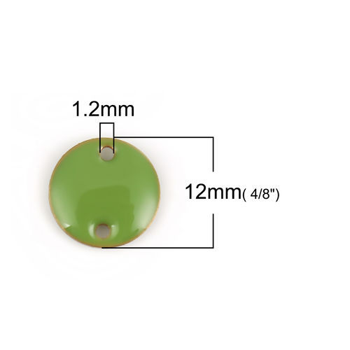 Image de Connecteurs Sequins Emaillés Double Face en Laiton Rond Sans Plaqué Vert Email 12mm Dia, 10 Pcs