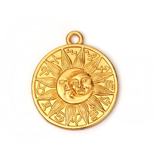 Bild von Zinklegierung Charms Rund Matt Gold Sonne und Mondgesicht 29mm x 25mm, 5 Stück