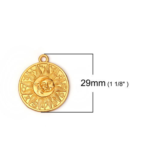 Bild von Zinklegierung Charms Rund Matt Gold Sonne und Mondgesicht 29mm x 25mm, 5 Stück