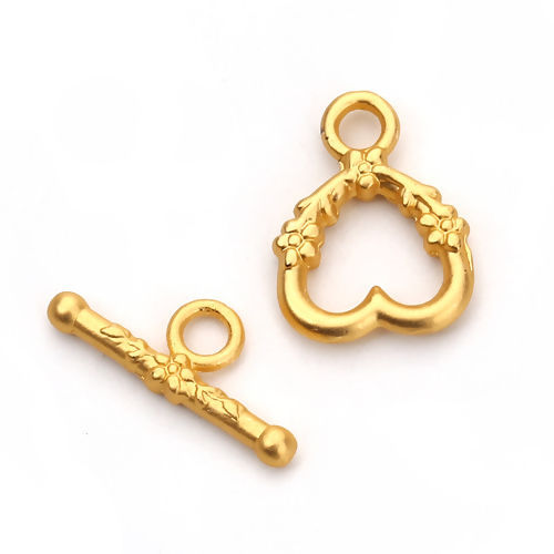 亜鉛合金 トグルクラスプ ハート マットゴールド 花パターン 21mm x 8mm 18mm x 14mm、 5 セット の画像