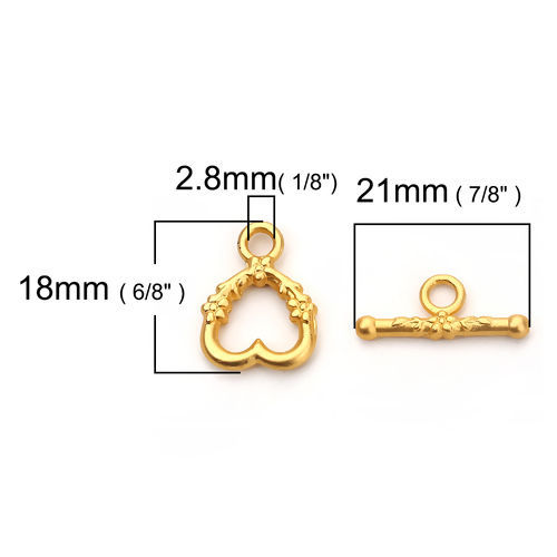 亜鉛合金 トグルクラスプ ハート マットゴールド 花パターン 21mm x 8mm 18mm x 14mm、 5 セット の画像