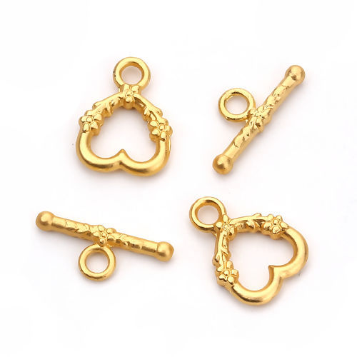 亜鉛合金 トグルクラスプ ハート マットゴールド 花パターン 21mm x 8mm 18mm x 14mm、 5 セット の画像