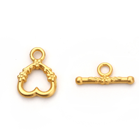 亜鉛合金 トグルクラスプ ハート マットゴールド 花パターン 21mm x 8mm 18mm x 14mm、 5 セット の画像