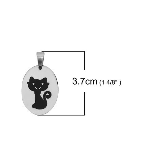 Immagine di Acciaio Inossidabile Ciondoli Ovale Tono Argento Nero Gatto Smalto 37mm x 22mm, 2 Pz