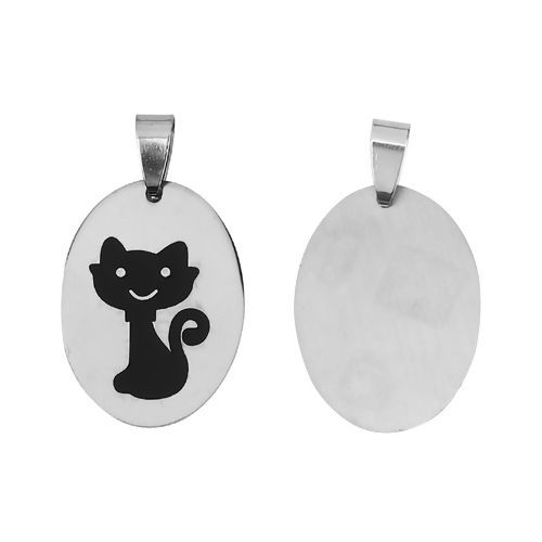 Immagine di Acciaio Inossidabile Ciondoli Ovale Tono Argento Nero Gatto Smalto 37mm x 22mm, 2 Pz