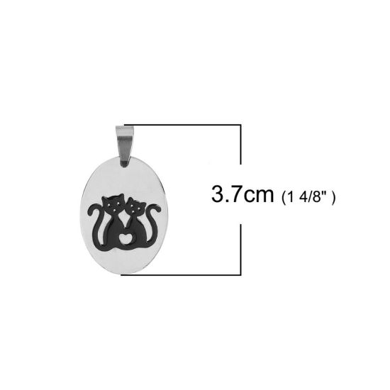 Immagine di Acciaio Inossidabile Ciondoli Ovale Tono Argento Nero Gatto Smalto 37mm x 22mm, 2 Pz
