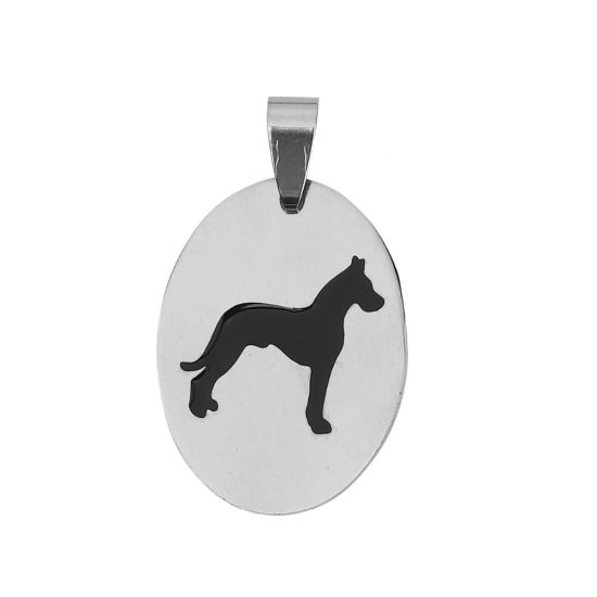 Immagine di Acciaio Inossidabile Ciondoli Ovale Tono Argento Nero Gatto Smalto 37mm x 22mm, 2 Pz