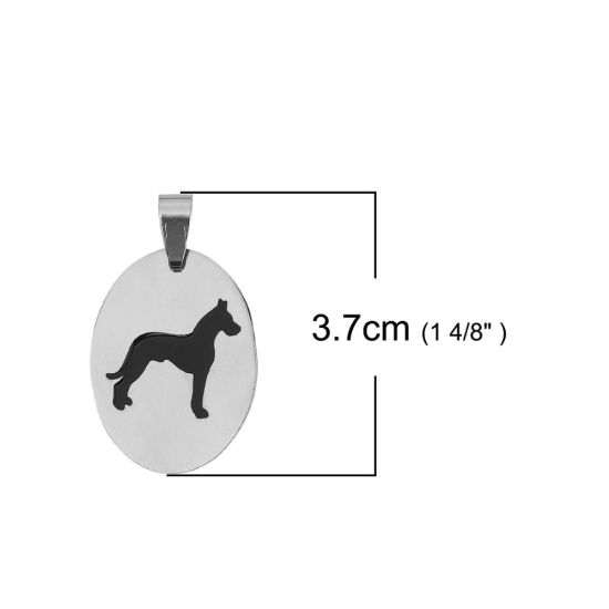 Immagine di Acciaio Inossidabile Ciondoli Ovale Tono Argento Nero Gatto Smalto 37mm x 22mm, 2 Pz