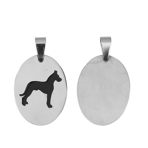 Immagine di Acciaio Inossidabile Ciondoli Ovale Tono Argento Nero Cane Smalto 37mm x 22mm, 2 Pz