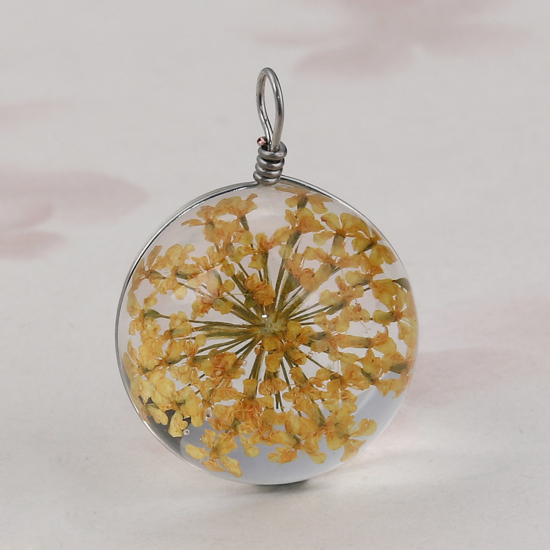 Image de Breloques en Verre & Fleurs Séchées Balle Orange Transparent 28mm x 20mm, 2 Pcs