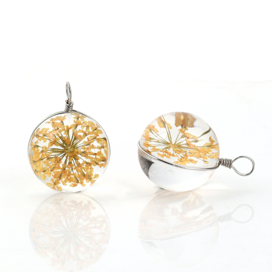 Image de Breloques en Verre & Fleurs Séchées Balle Orange Transparent 28mm x 20mm, 2 Pcs