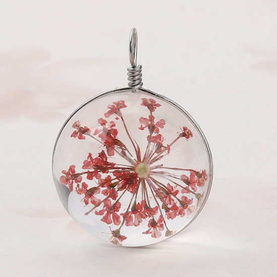 Image de Breloques en Verre & Fleurs Séchées Balle Rouge Transparent 28mm x 20mm, 2 Pcs