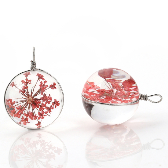 Image de Breloques en Verre & Fleurs Séchées Balle Rouge Transparent 28mm x 20mm, 2 Pcs
