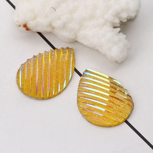 Image de Cabochon Dôme en Résine AB Couleur Irisation Aurores Boréales Goutte d'Eau Jaune Rayées Brillant 25mm x 18mm, 30 Pcs
