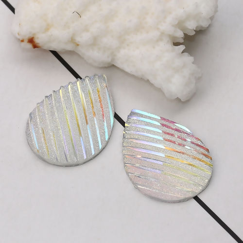 Image de Cabochon Dôme en Résine AB Couleur Irisation Aurores Boréales Goutte d'Eau Blanc Rayées Brillant 25mm x 18mm, 30 Pcs