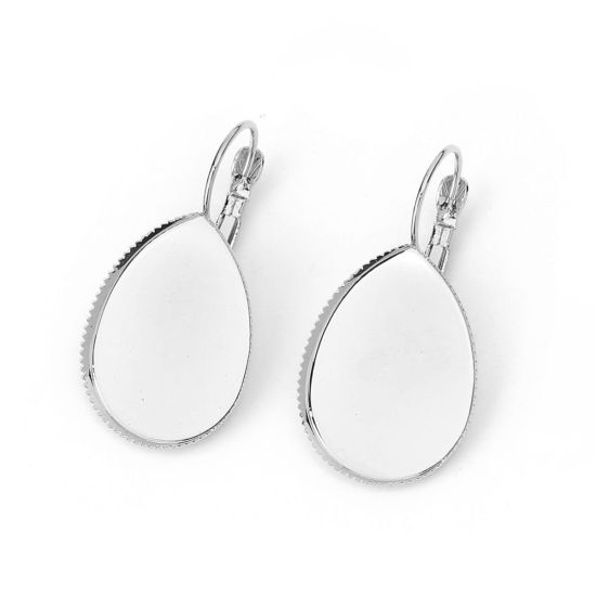 Picture of Brass Lever Back Clips Earrings Drop Silver Tone Cabochon Settings (Fits 25mmx18mm) 37mm(1 4/8") x 20mm( 6/8"), Post/ Wire Size: (19 gauge), 10 PCs