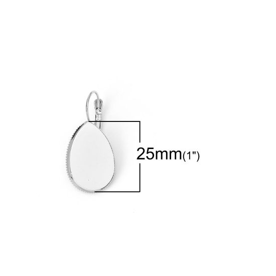 Picture of Brass Lever Back Clips Earrings Drop Silver Tone Cabochon Settings (Fits 25mmx18mm) 37mm(1 4/8") x 20mm( 6/8"), Post/ Wire Size: (19 gauge), 10 PCs
