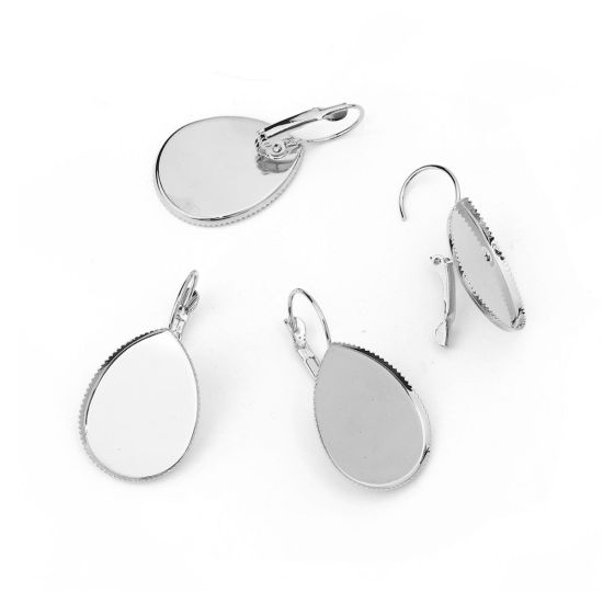 Picture of Brass Lever Back Clips Earrings Drop Silver Tone Cabochon Settings (Fits 25mmx18mm) 37mm(1 4/8") x 20mm( 6/8"), Post/ Wire Size: (19 gauge), 10 PCs