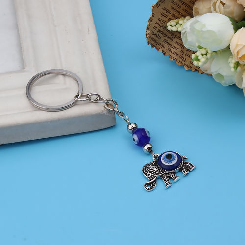 Image de Porte-Clés Eléphant Argent Vieilli Bleu Œil Mauvais 10.7cm x 3cm, 1 Pièce