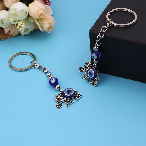 Image de Porte-Clés Eléphant Argent Vieilli Bleu Œil Mauvais 10.7cm x 3cm, 1 Pièce