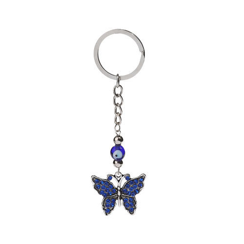 Image de Porte-Clés Papillon Argent Vieilli Œil Mauvais à Strass Bleu 11cm x 3cm, 1 Pièce