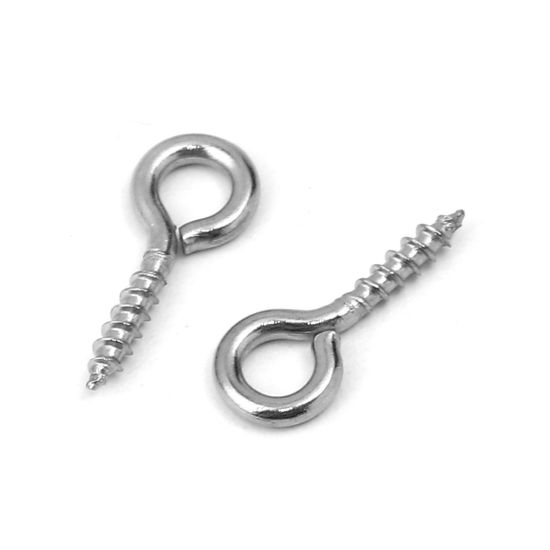 Picture of 304 Stainless Steel Screw Eyes Bails Top Drilled Findings Silver Tone 12mm( 4/8") x 5mm( 2/8"), 100 PCs