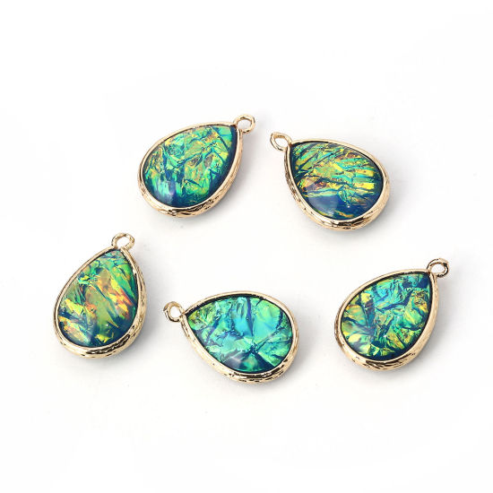 Image de Breloques en Laiton & Résine AB Couleur Irisation Aurores Boréales Goutte d'Eau Or Clair Bleu 23mm x 15mm - 22mm x 14mm, 5 Pcs